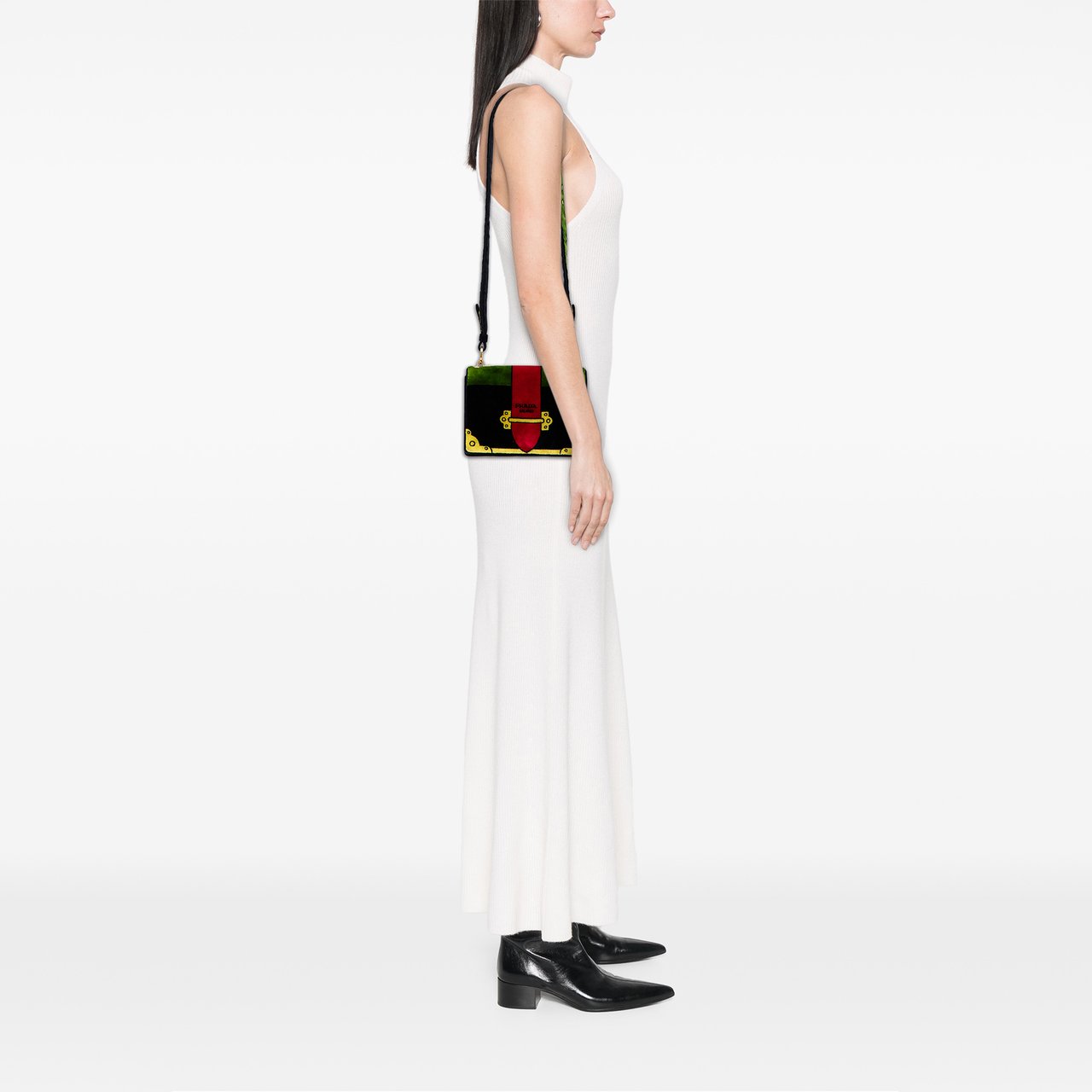 Prada Velluto Ricamo Trompe L oeil Cahier Crossbody Zwart