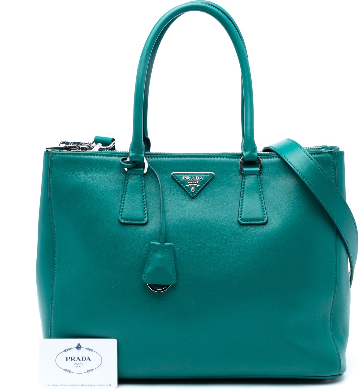 Prada Large City Calf Galleria Double Zip Satchel Groen