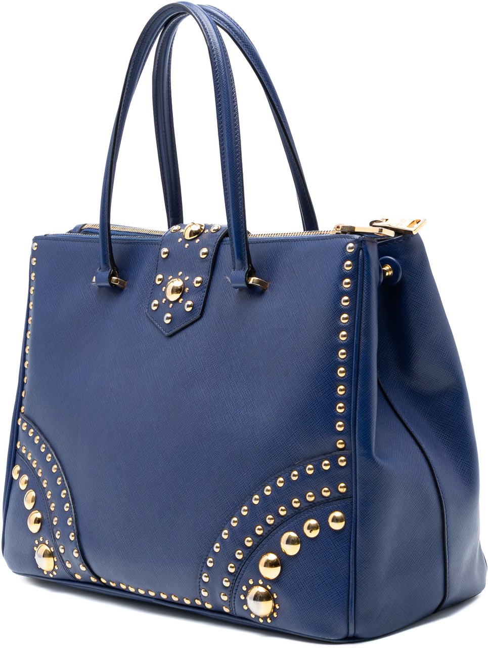 Prada Saffiano Turnlock Double Zip Studded Tote Blauw
