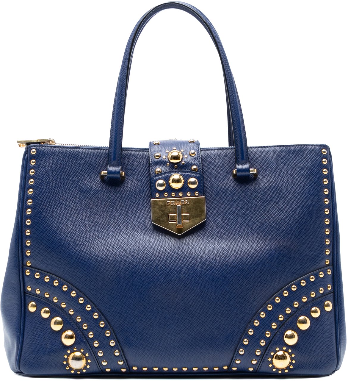 Prada Saffiano Turnlock Double Zip Studded Tote Blauw