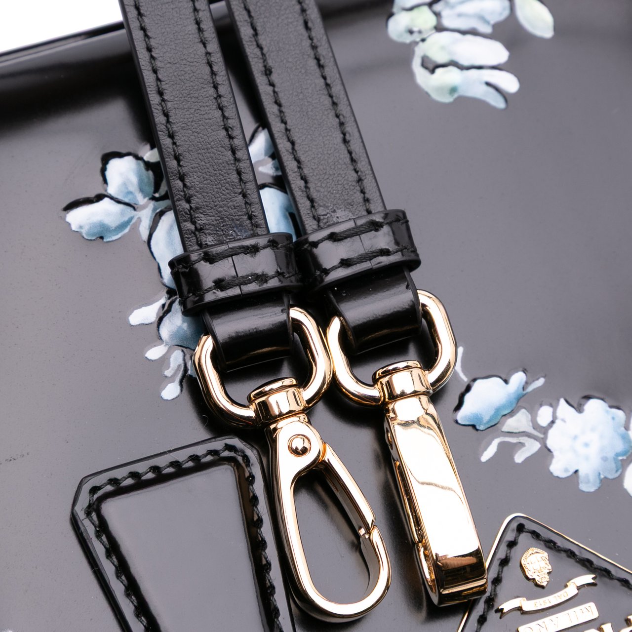 Prada Mini Brushed Leather Floral Print Galleria Double Zip Satchel Zwart