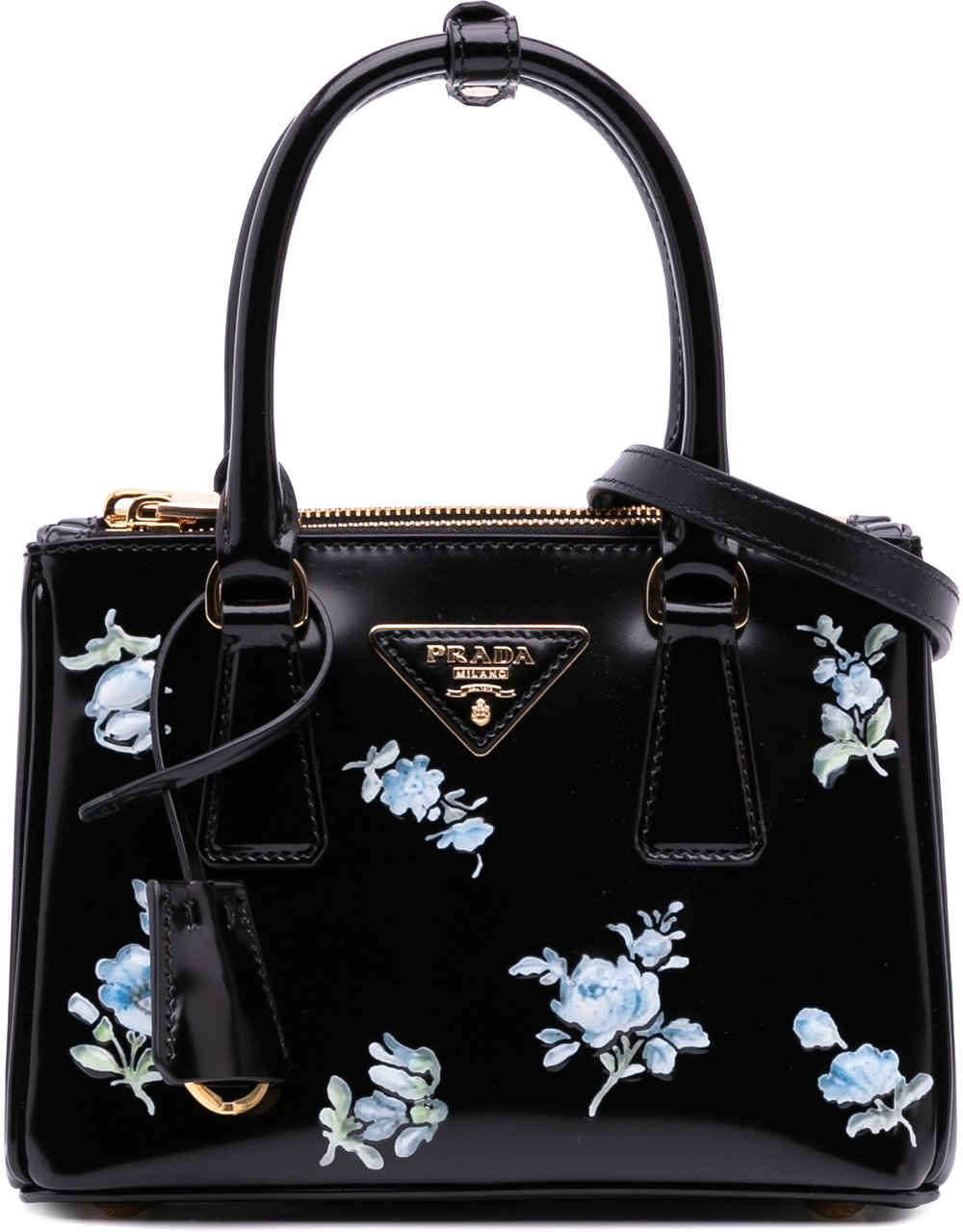 Prada Mini Brushed Leather Floral Print Galleria Double Zip Satchel Zwart