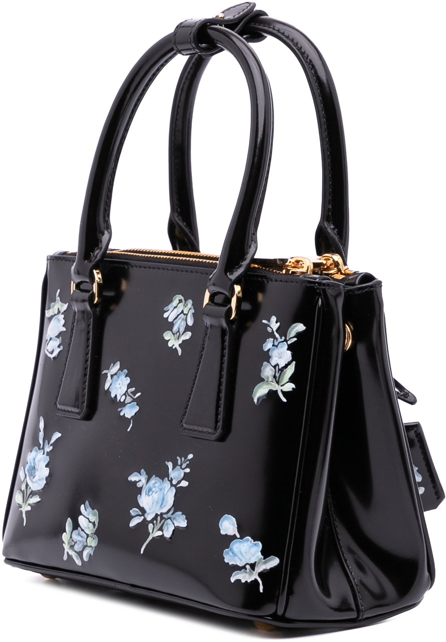 Prada Mini Brushed Leather Floral Print Galleria Double Zip Satchel Zwart