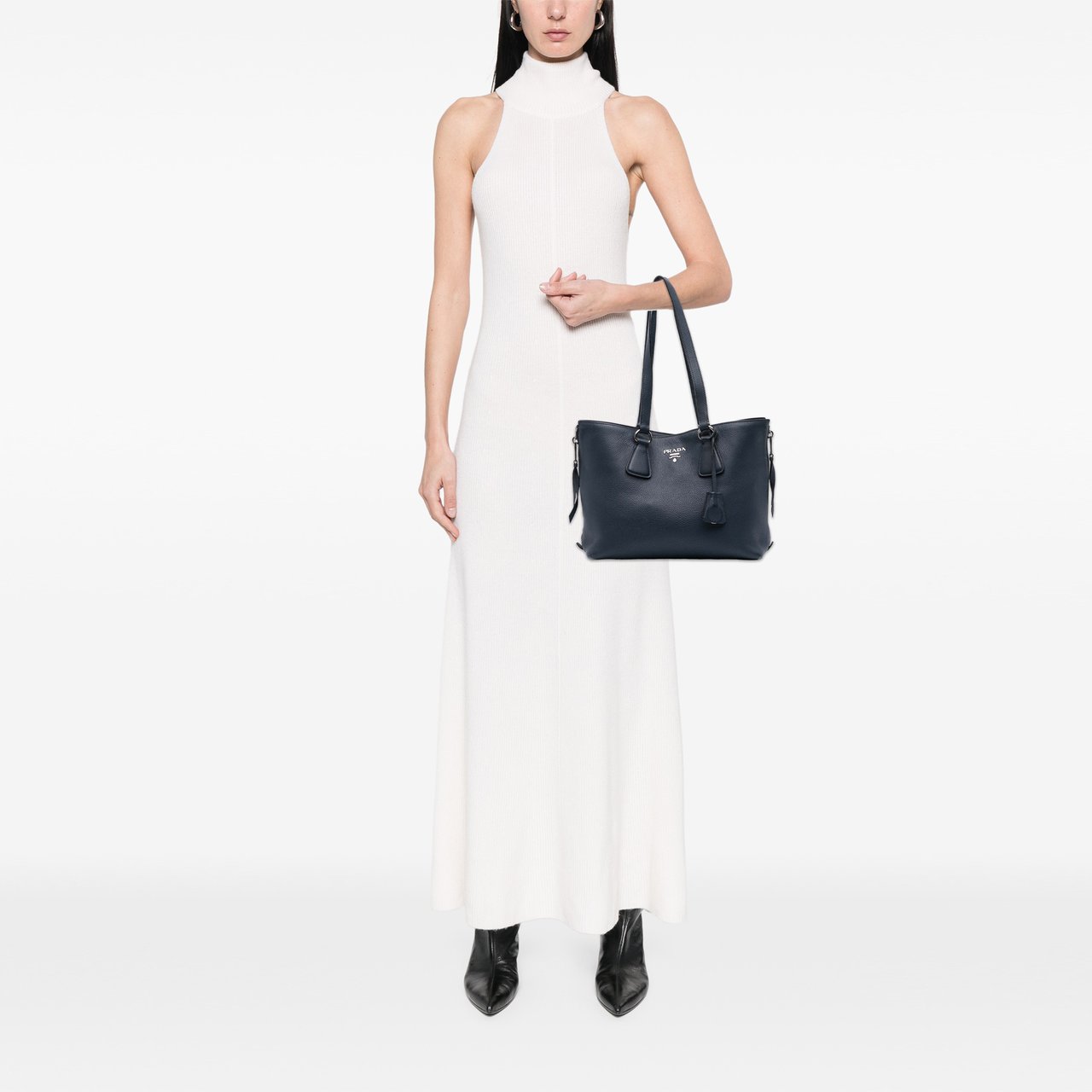 Prada Vitello Phenix Side Zip Shopper Tote Blauw