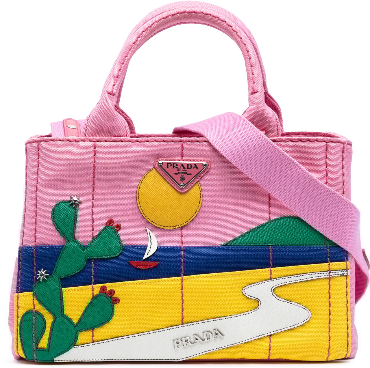 Prada Small Canvas Canapa Desert Motif Patch Satchel Roze