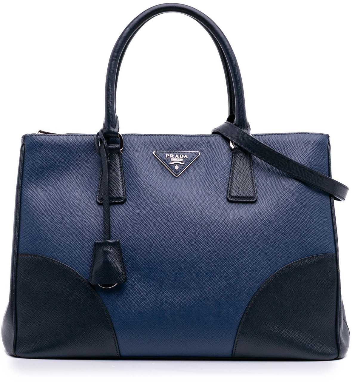 Prada Medium Bicolor Saffiano Lux Galleria Double Zip Satchel Blauw