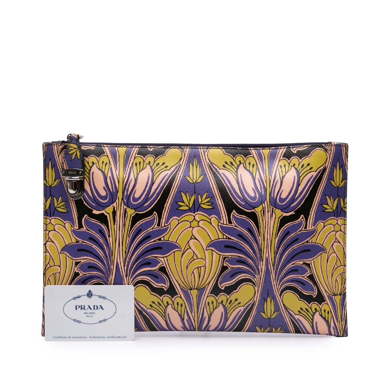 Prada Saffiano Stampa Floral Clutch Geel