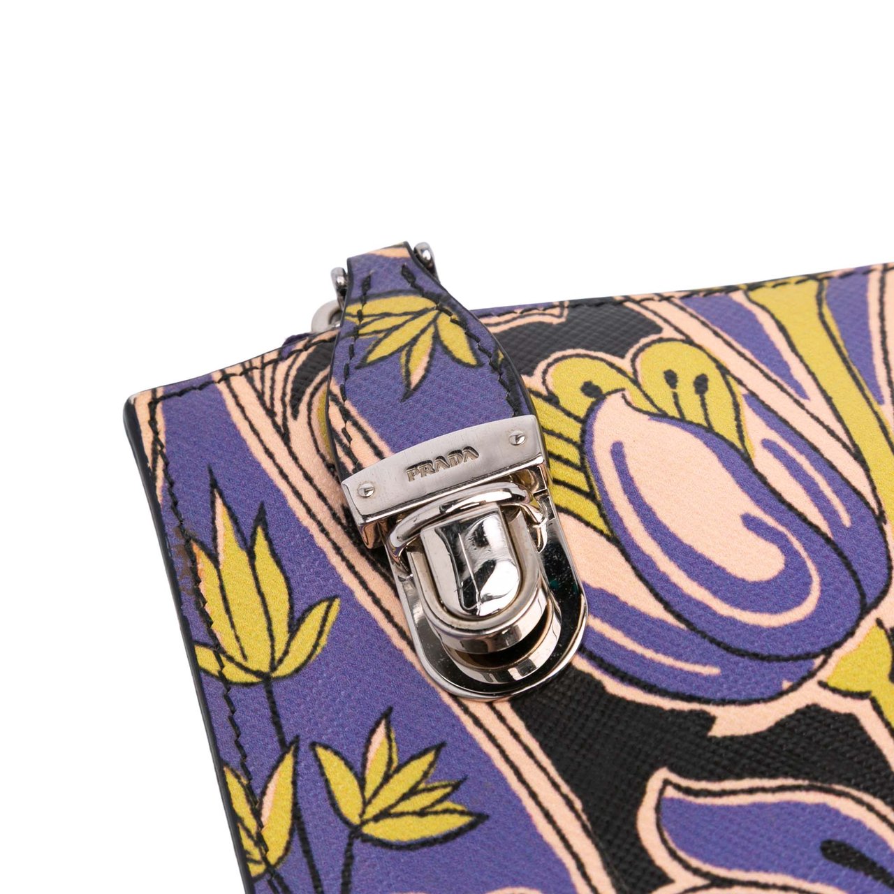 Prada Saffiano Stampa Floral Clutch Geel