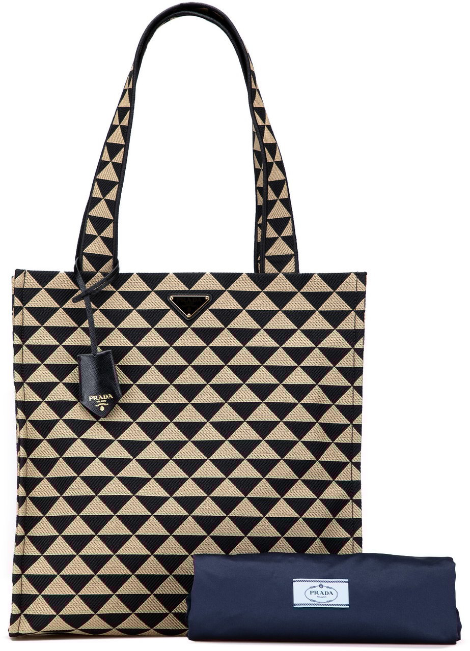 Prada Embroidered Canvas Triangolo Symbole Shopping Tote Bruin