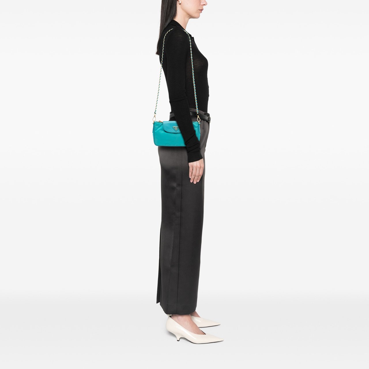 Prada Saffiano Trimmed Tessuto Chain Crossbody Blauw