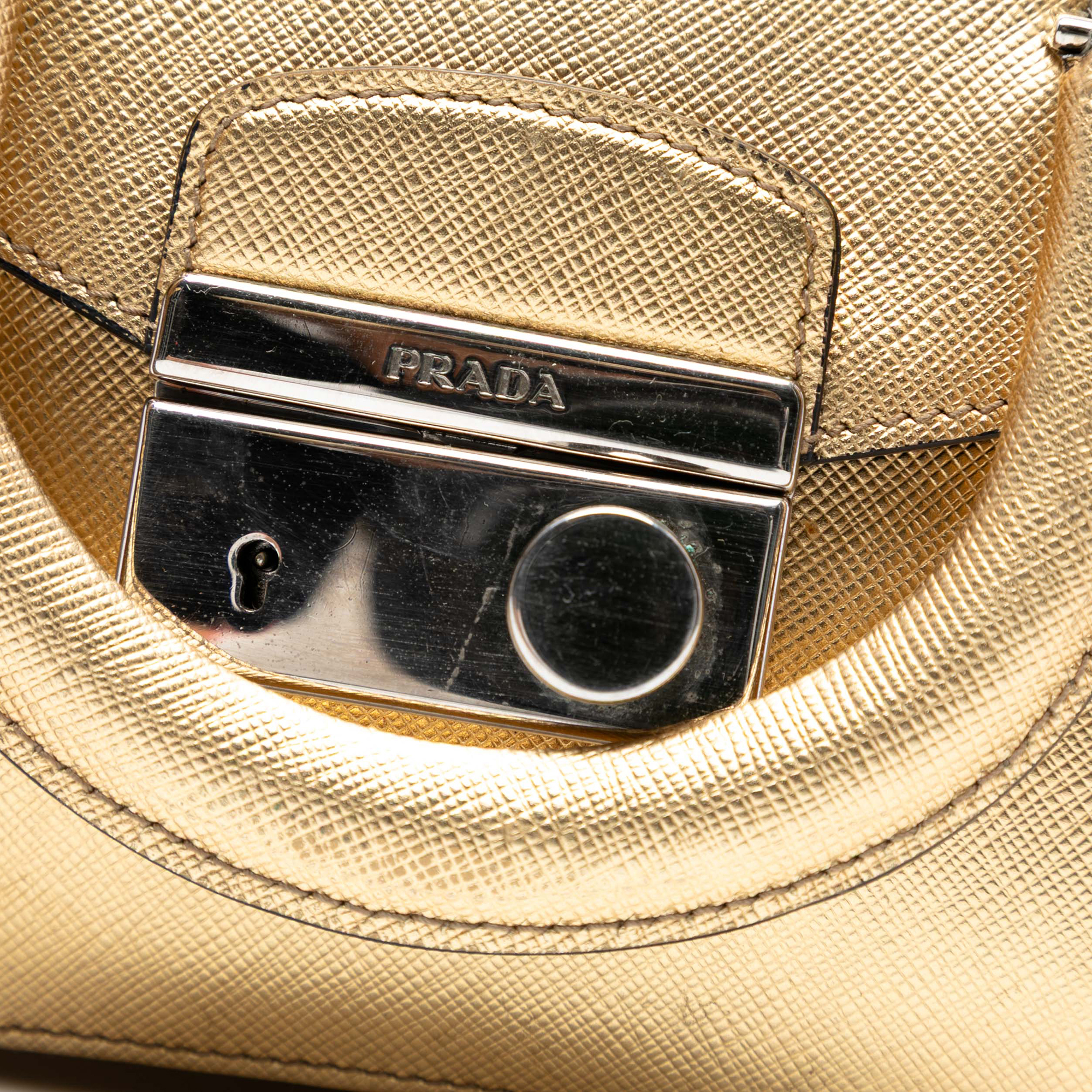 Prada Mini Metallic Saffiano Sound Lock Satchel Goud