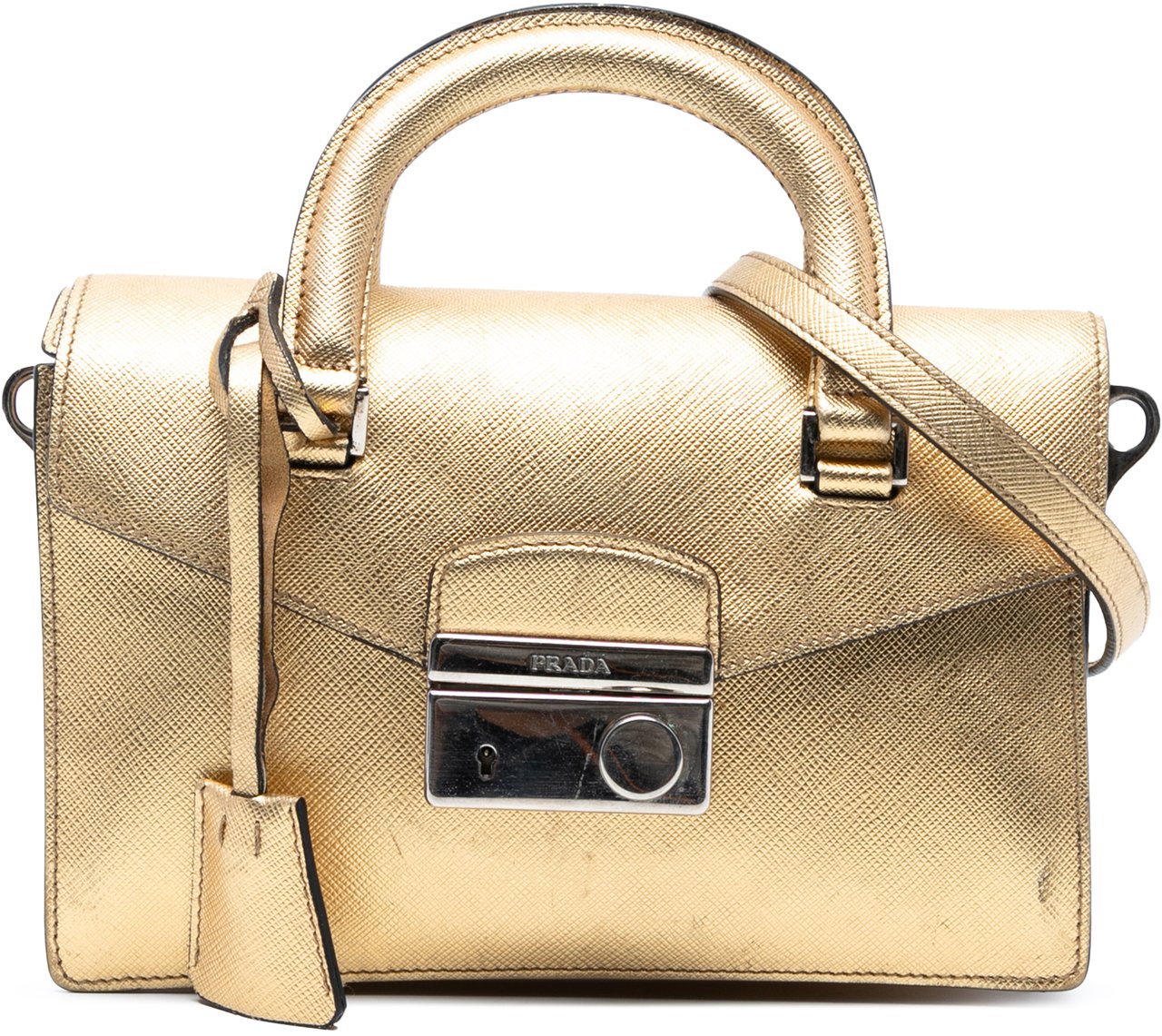 Prada Mini Metallic Saffiano Sound Lock Satchel Goud