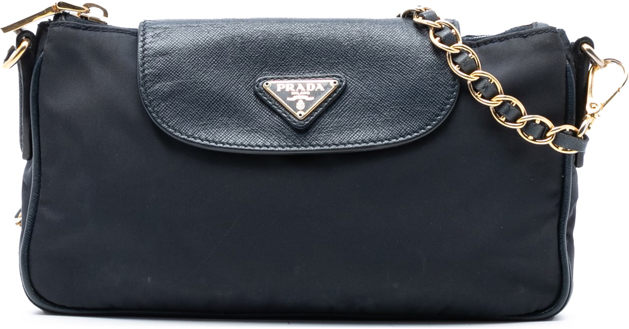 Prada Saffiano Trimmed Tessuto Chain Crossbody Zwart