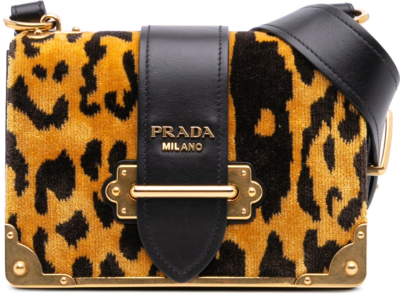 Prada City Calf Trimmed Velvet Leopard Print Cahier Crossbody Geel
