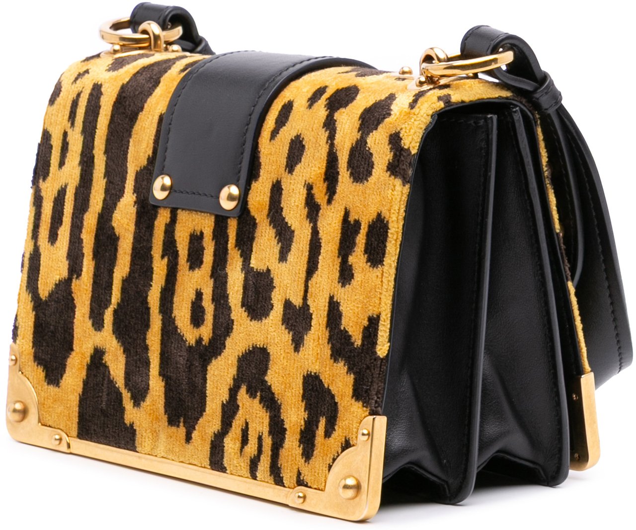 Prada City Calf Trimmed Velvet Leopard Print Cahier Crossbody Geel