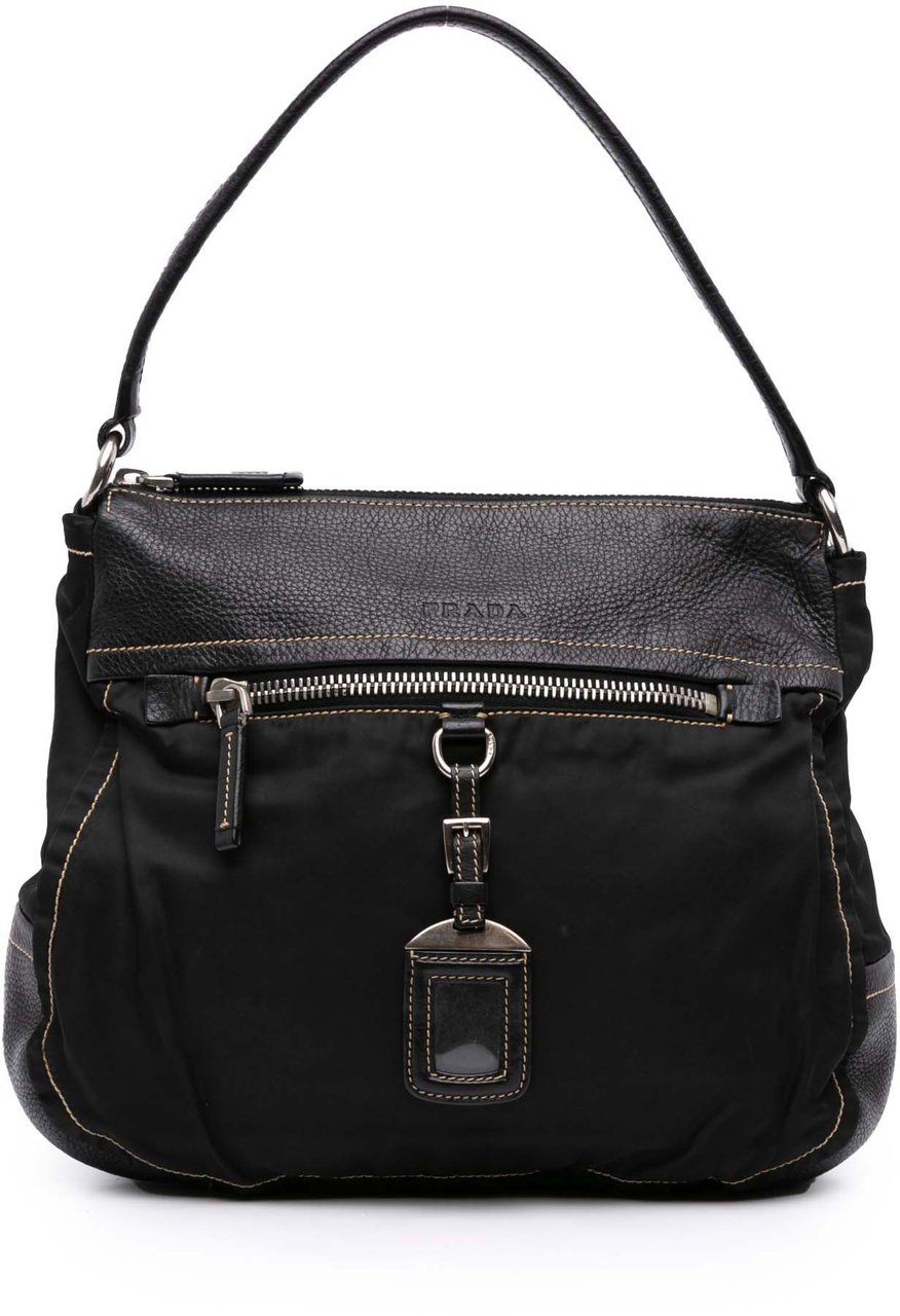 Prada Leather and Tessuto Shoulder Bag Zwart