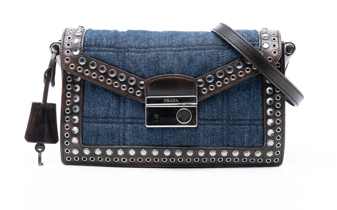 Prada Studded Denim Sound Lock Crossbody Blauw