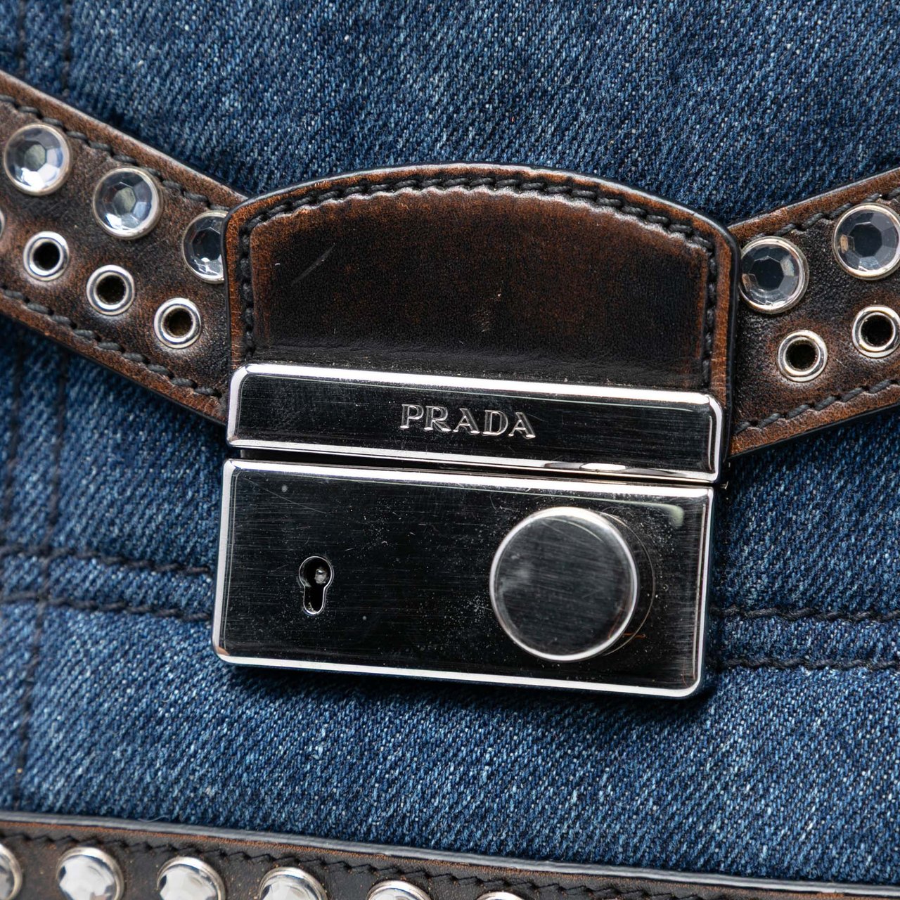 Prada Studded Denim Sound Lock Crossbody Blauw