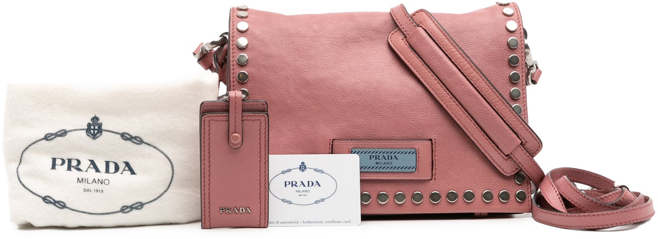 Prada Glace Calf Studded Etiquette Flap Crossbody Roze