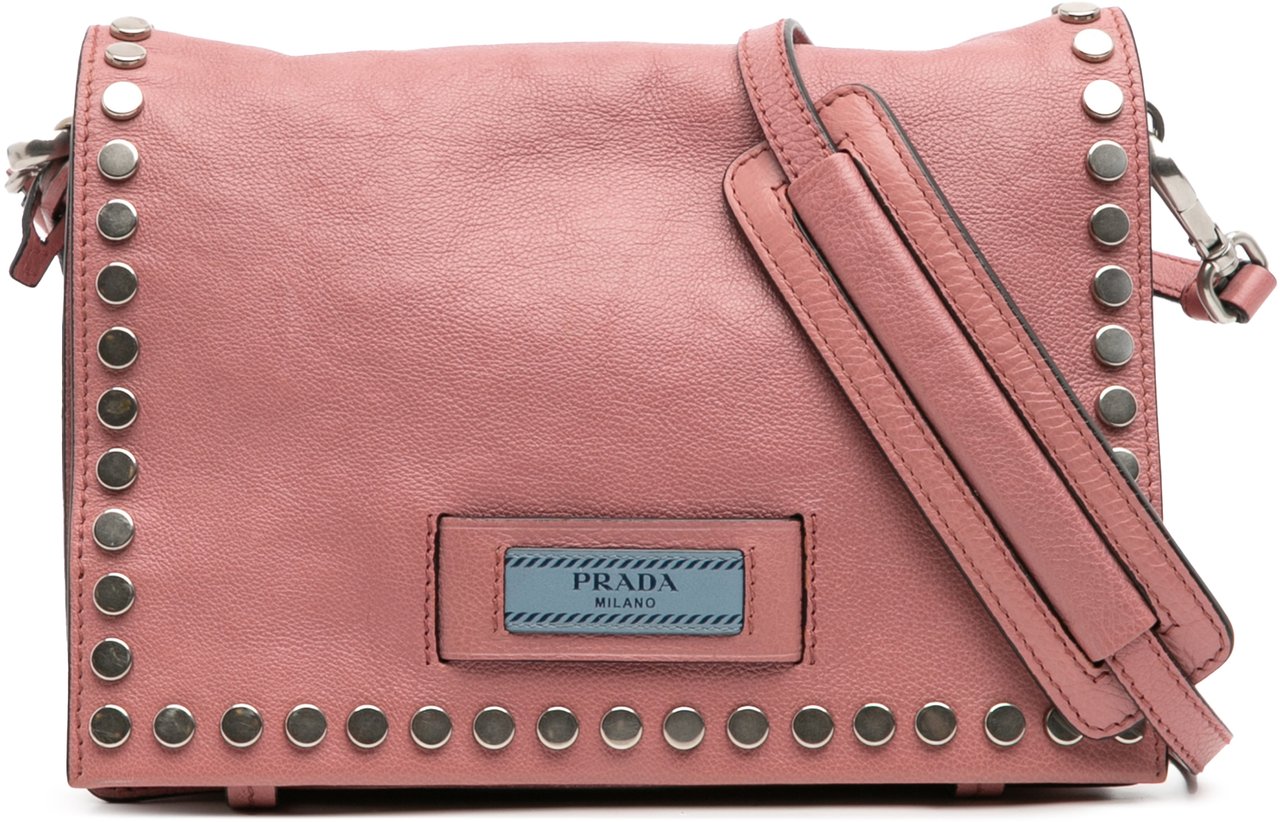 Prada Glace Calf Studded Etiquette Flap Crossbody Roze