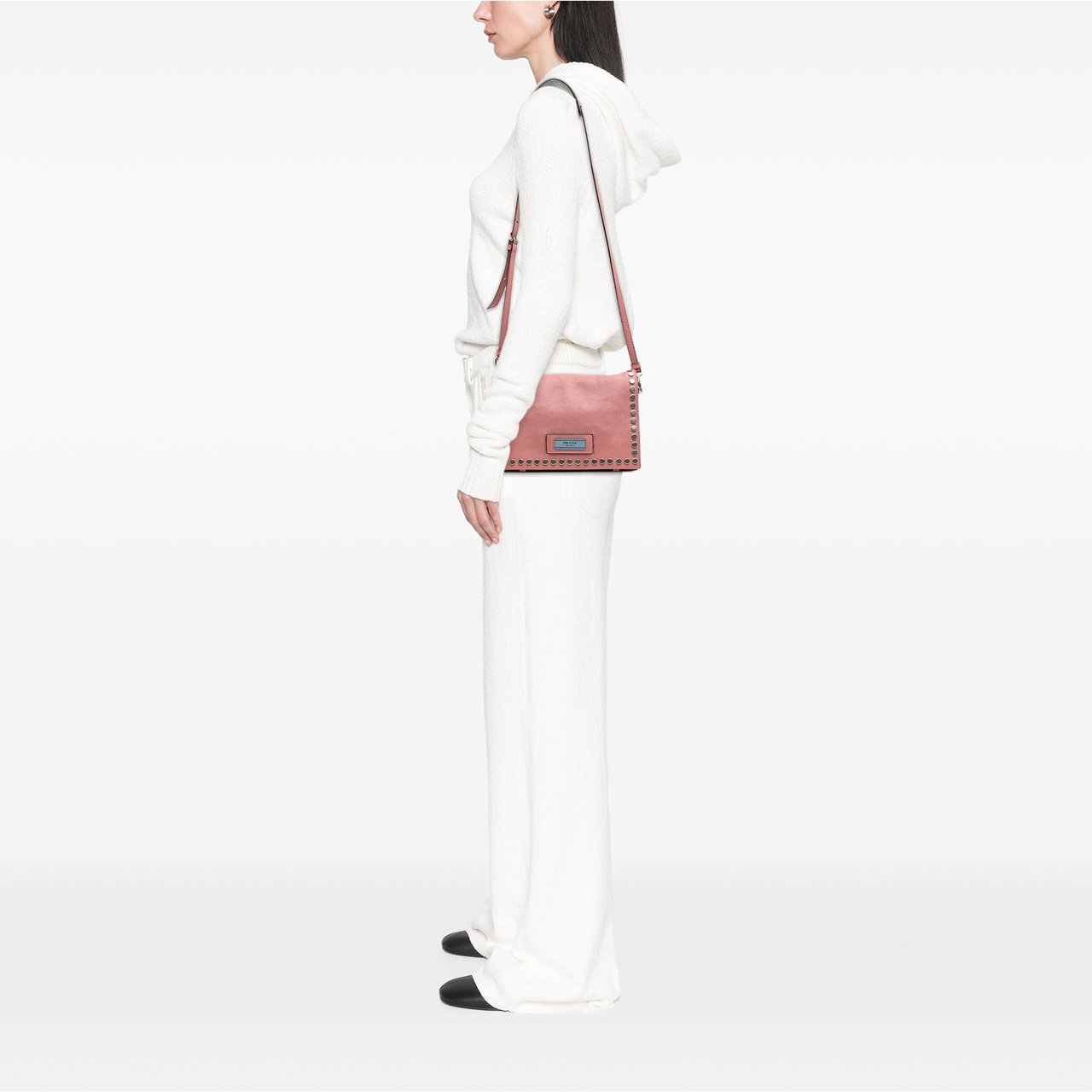 Prada Glace Calf Studded Etiquette Flap Crossbody Roze