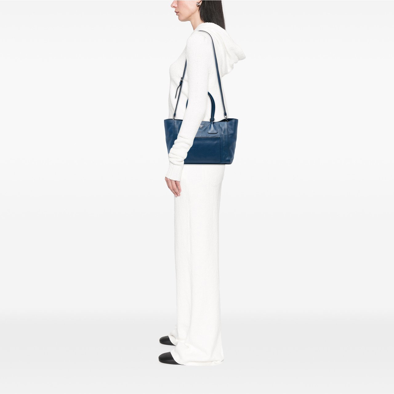 Prada Vitello Daino Front Pocket Open Convertible Tote Blauw