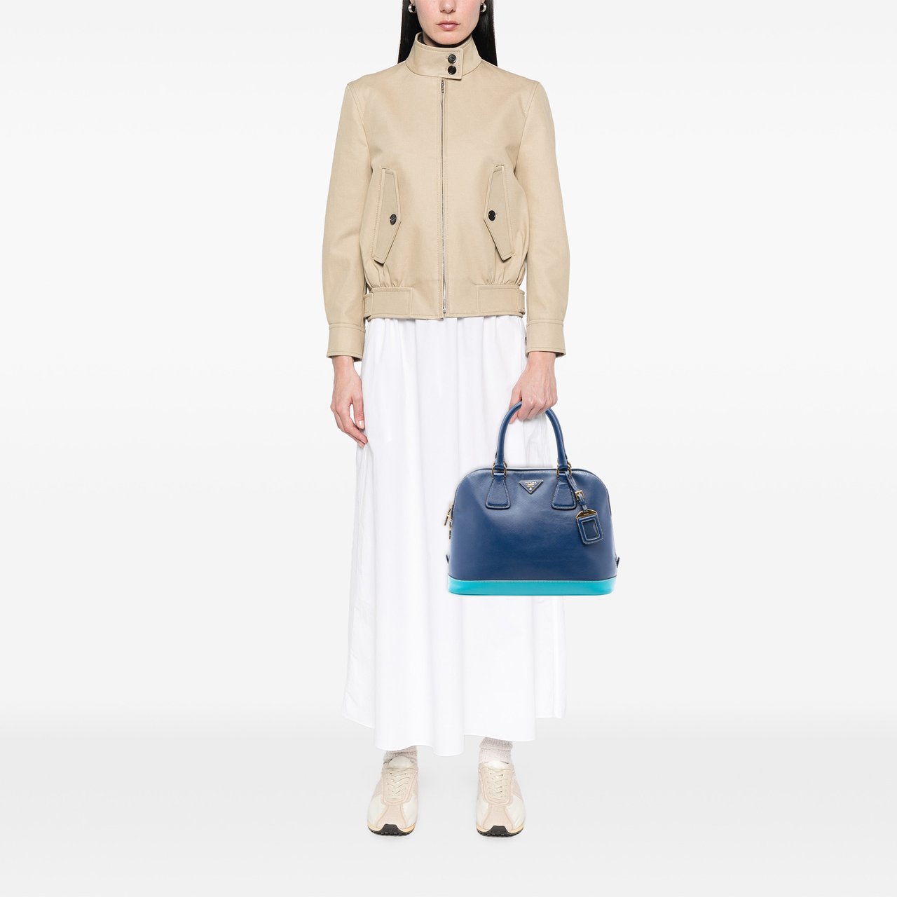 Prada Bicolor Saffiano Lux Promenade Dome Handbag Blauw