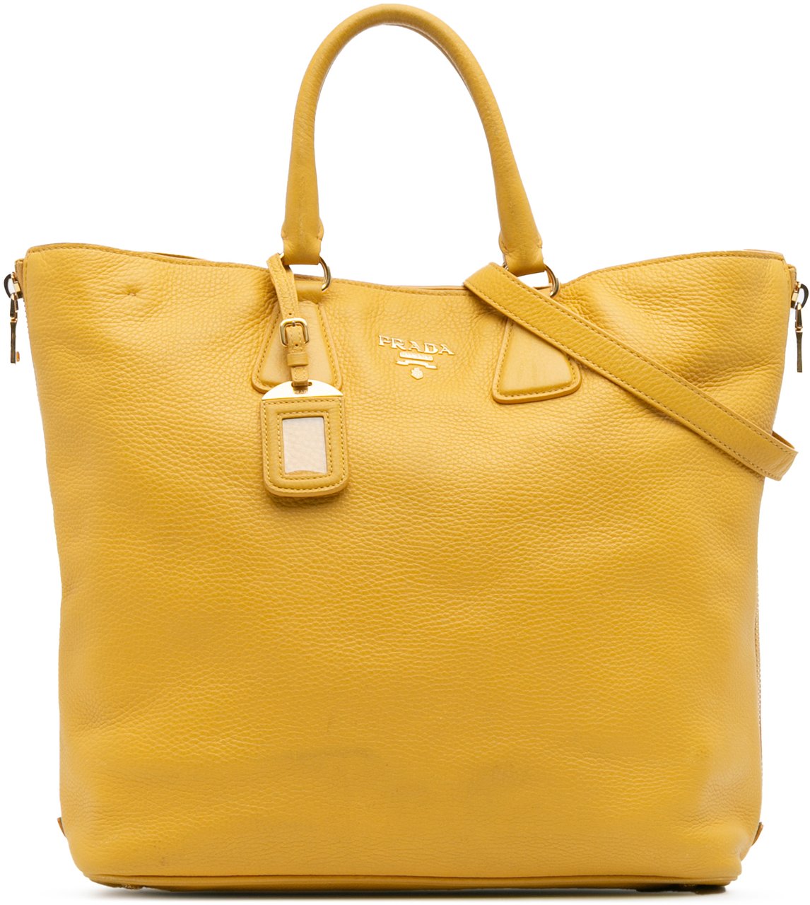 Prada Vitello Daino Side Zip Open Convertible Tote Geel