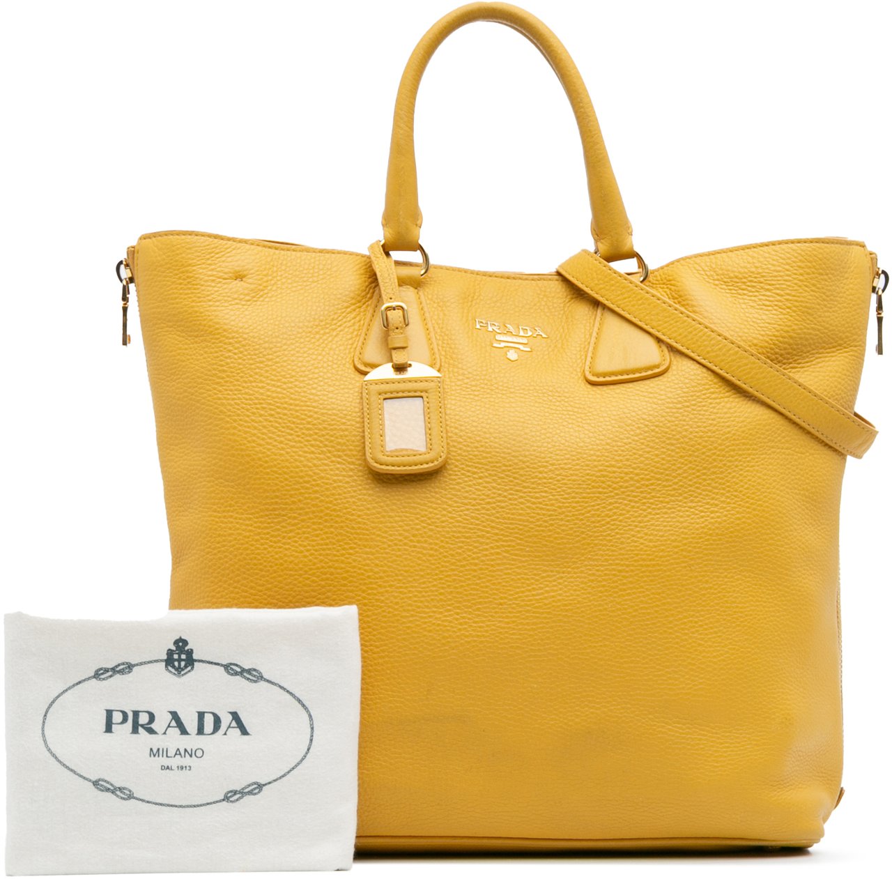 Prada Vitello Daino Side Zip Open Convertible Tote Geel