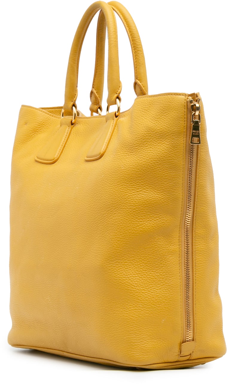 Prada Vitello Daino Side Zip Open Convertible Tote Geel