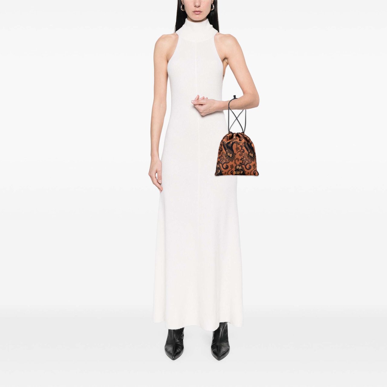 Prada Brocade Canvas Broccato Drawstring Pouch Bruin