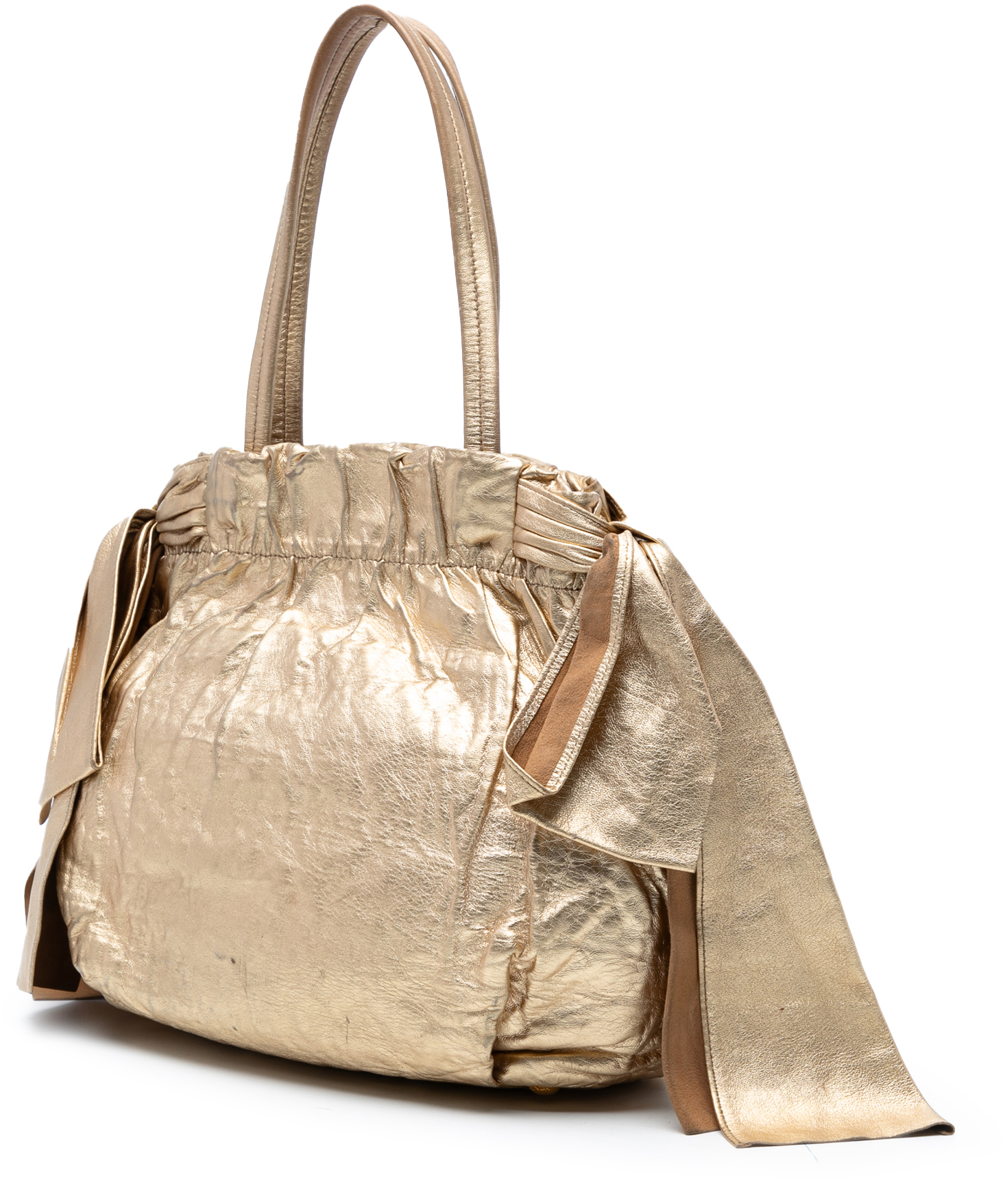 Prada Metallic Nappa Antique Bow Satchel Goud