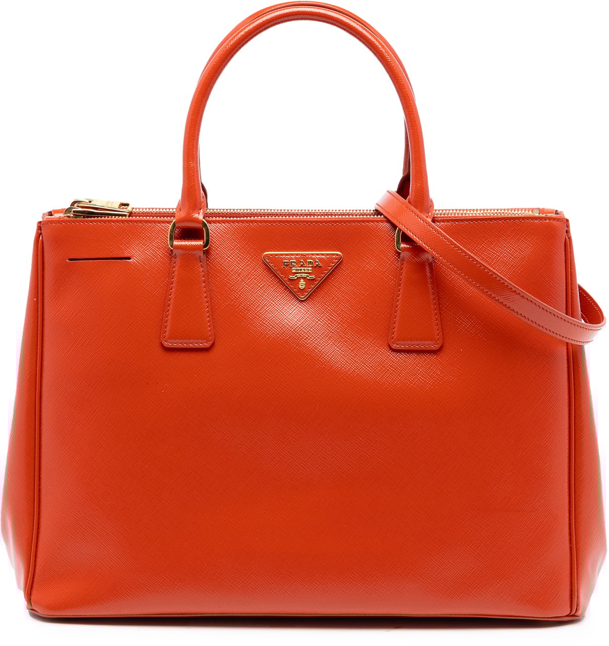 Prada Medium Saffiano Vernice Galleria Double Zip Satchel Oranje