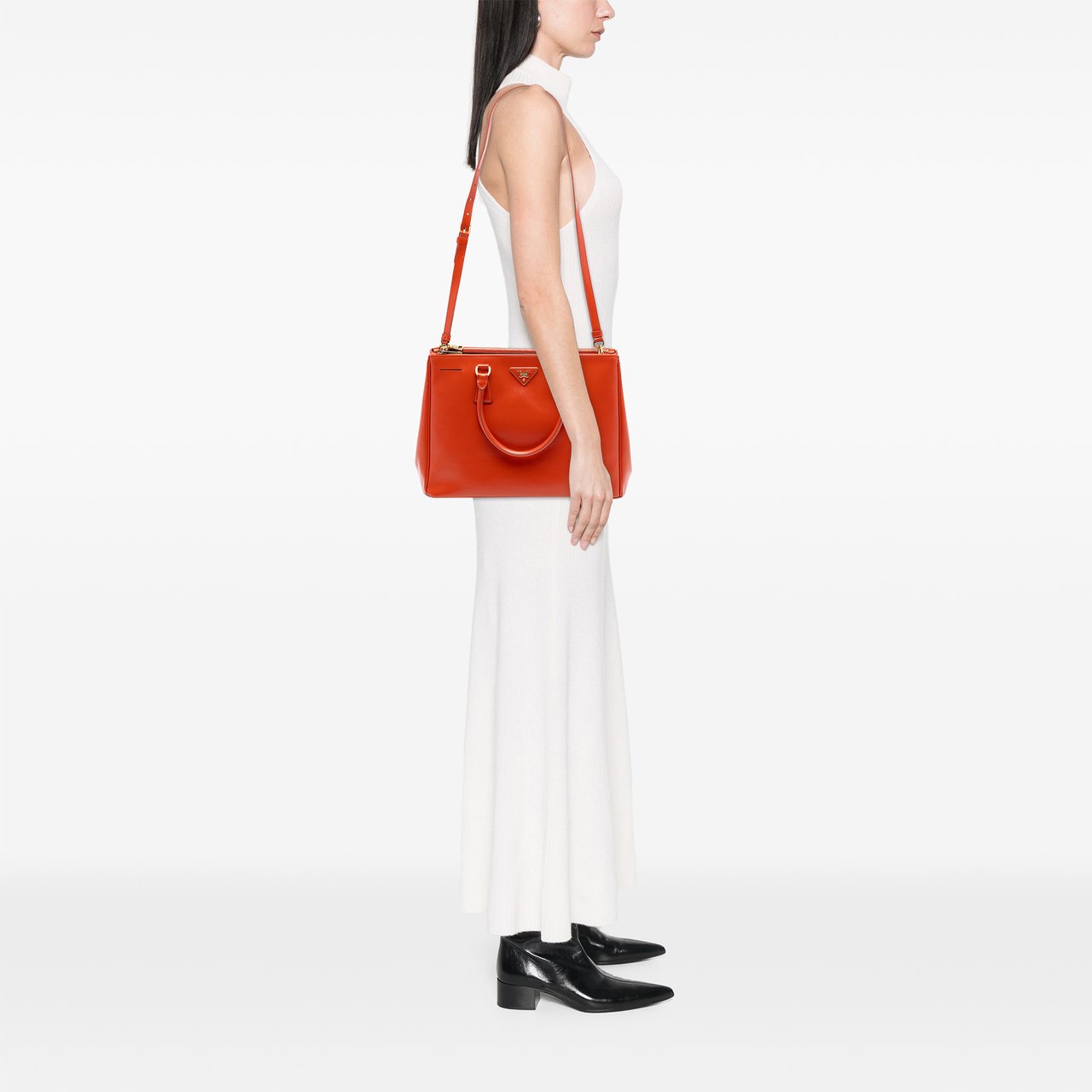 Prada Medium Saffiano Vernice Galleria Double Zip Satchel Oranje