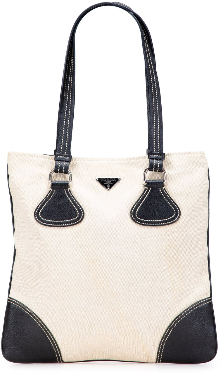Prada Vitello Trimmed Canvas Canapa Tote Bruin
