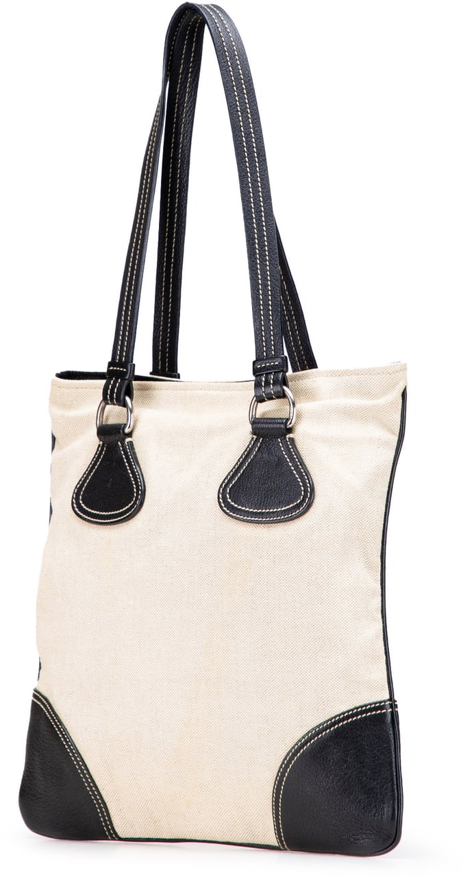 Prada Vitello Trimmed Canvas Canapa Tote Bruin