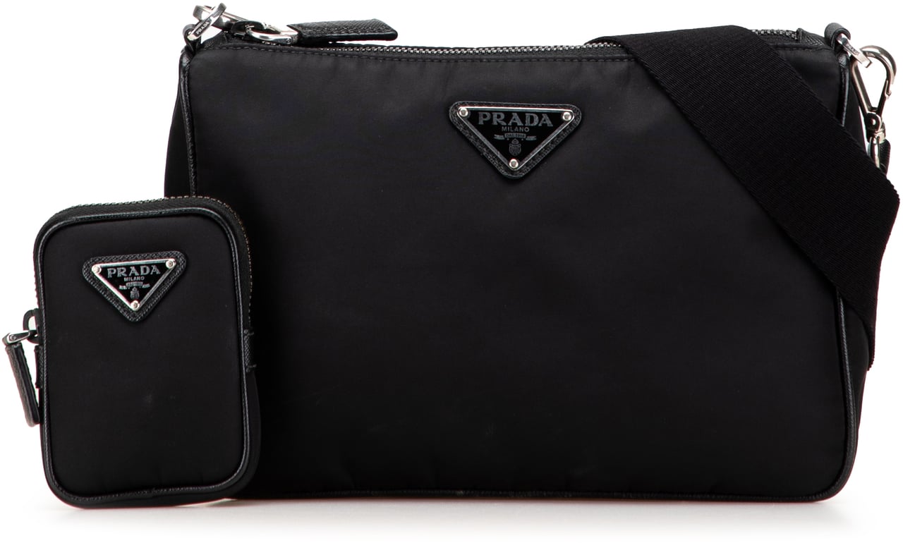 Prada Saffiano Trimmed Re Nylon Zip Top Crossbody Zwart
