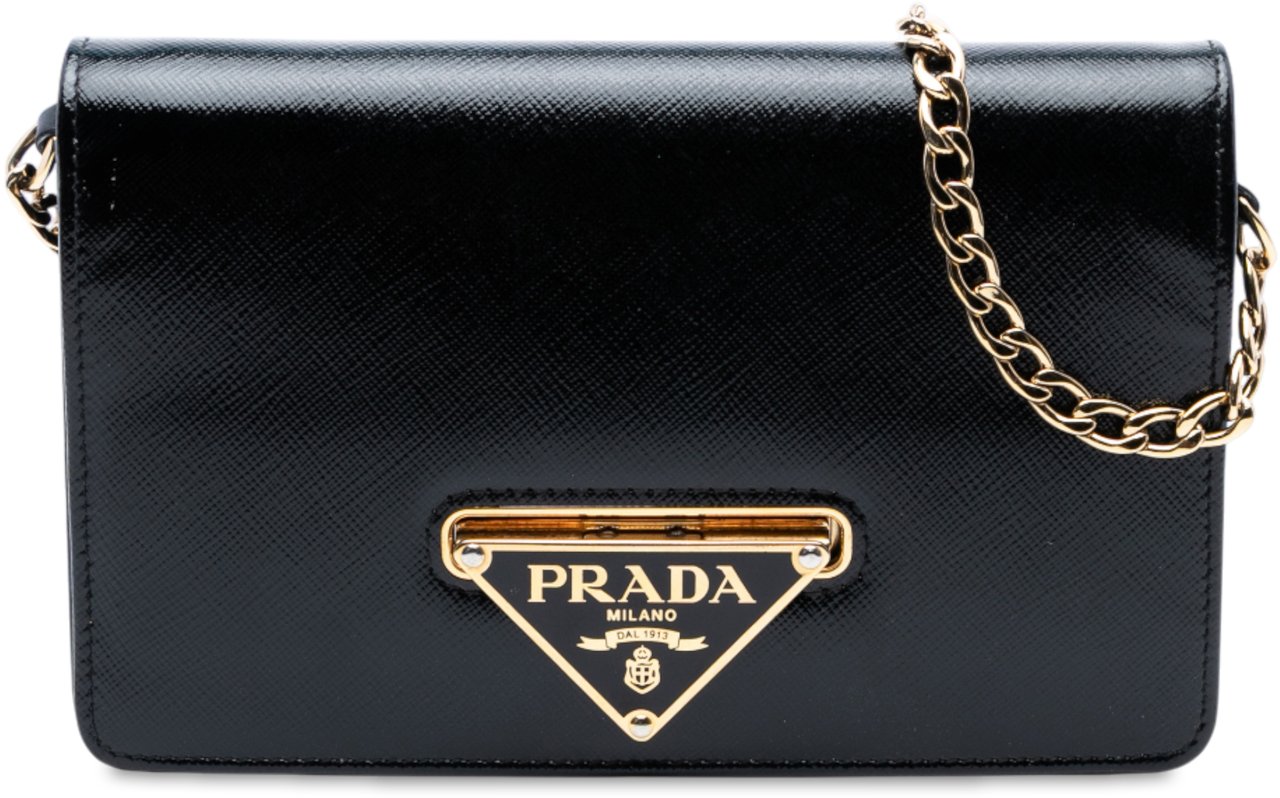 Prada Saffiano Vernice Flip Lock Wallet on Chain Clutch Zwart