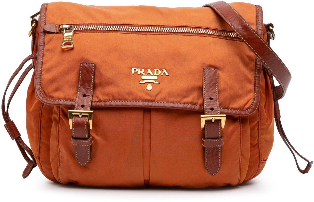 Prada Tessuto Zip Double Buckle Messenger Bag Oranje