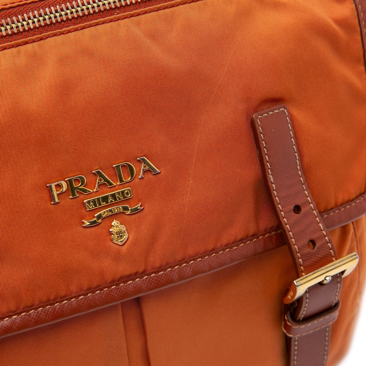 Prada Tessuto Zip Double Buckle Messenger Bag Oranje
