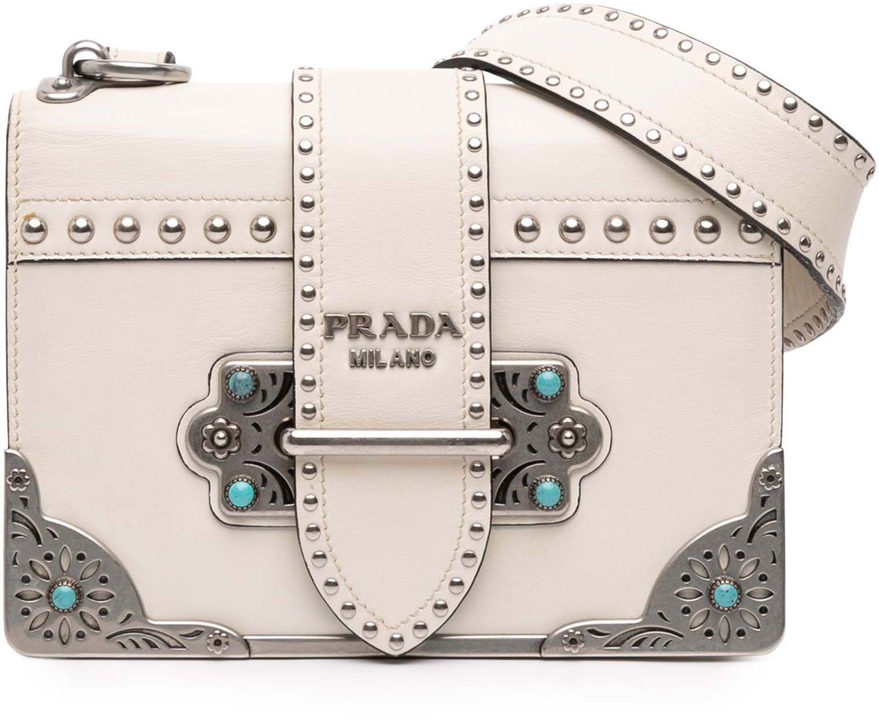 Prada City Calf Studded Folk Cahier Crossbody Wit