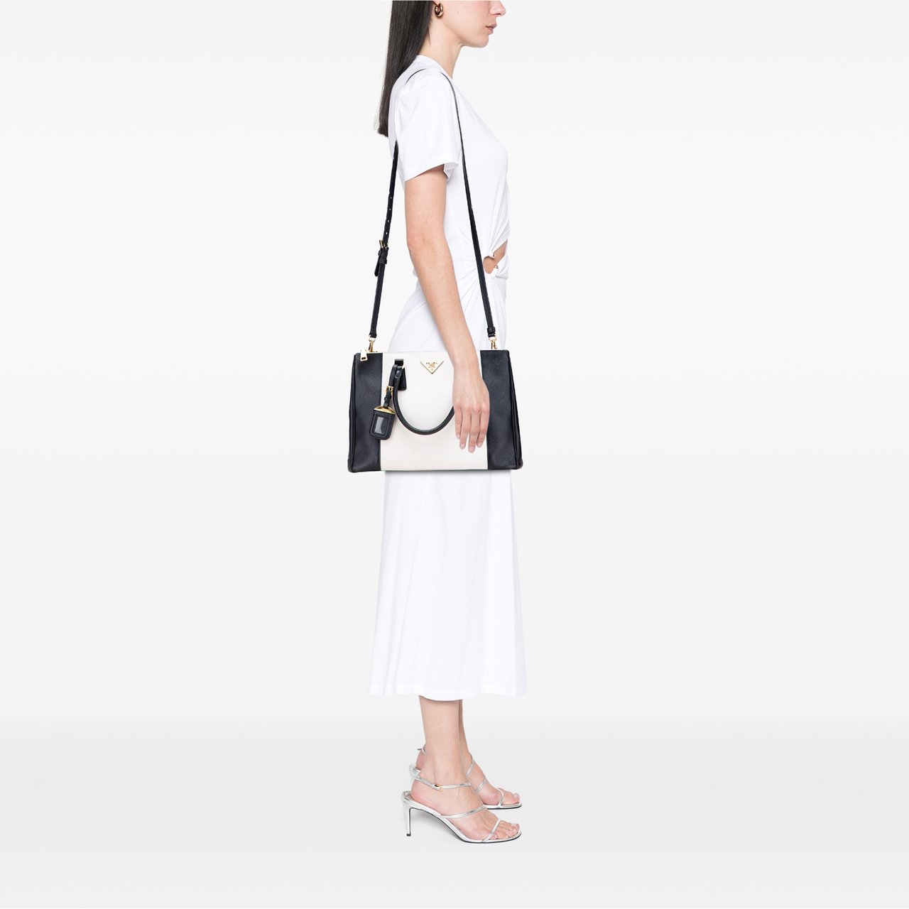 Prada Medium Bicolor Saffiano Lux Galleria Double Zip Satchel Wit