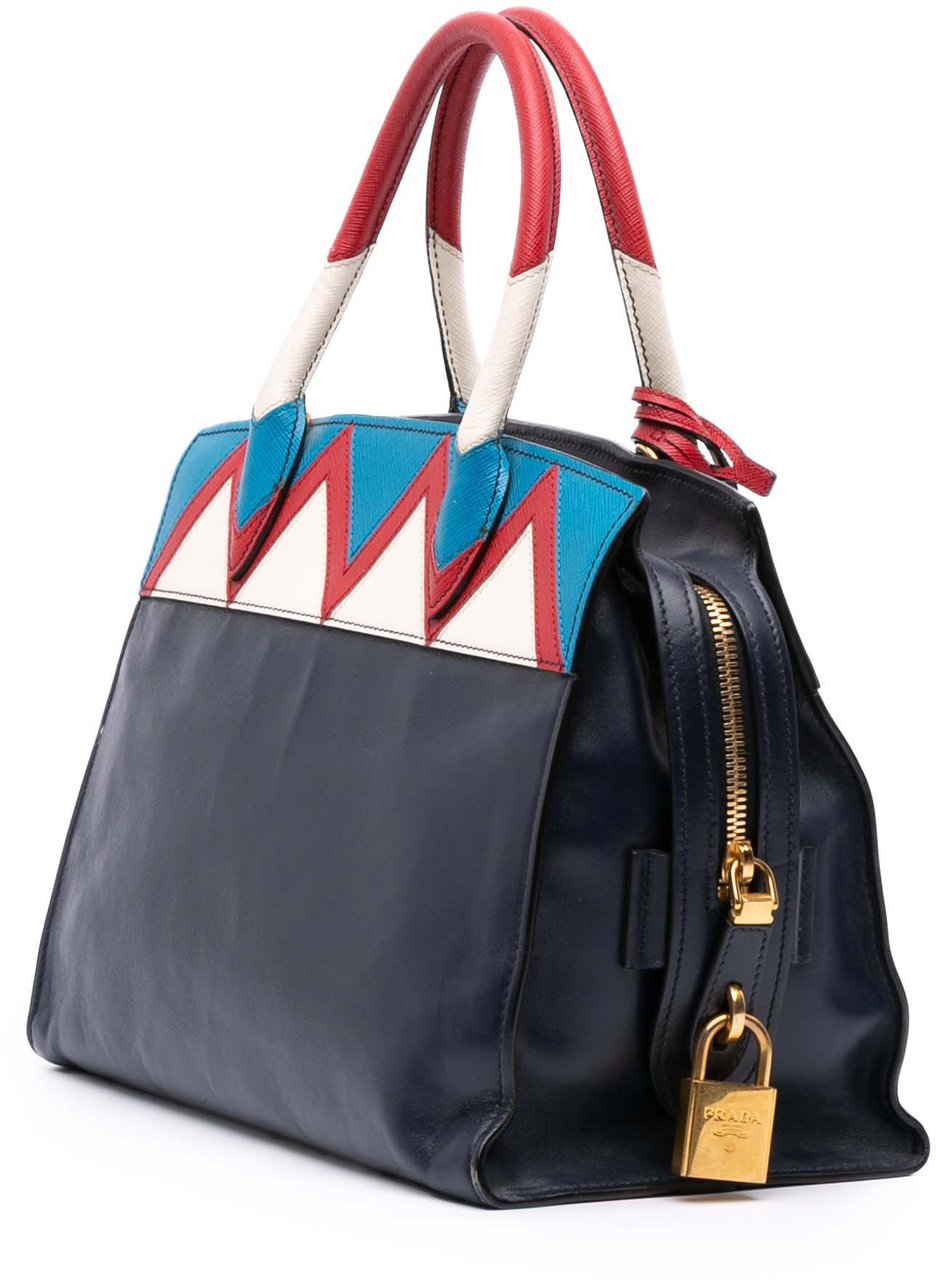 Prada Medium Saffiano Trimmed City Calf Greca Esplanade Satchel Blauw