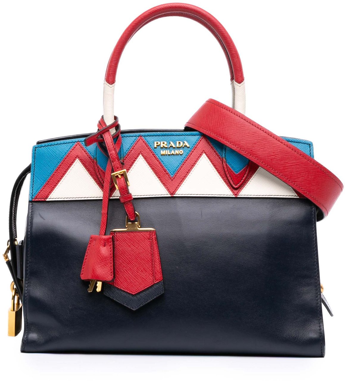 Prada Medium Saffiano Trimmed City Calf Greca Esplanade Satchel Blauw