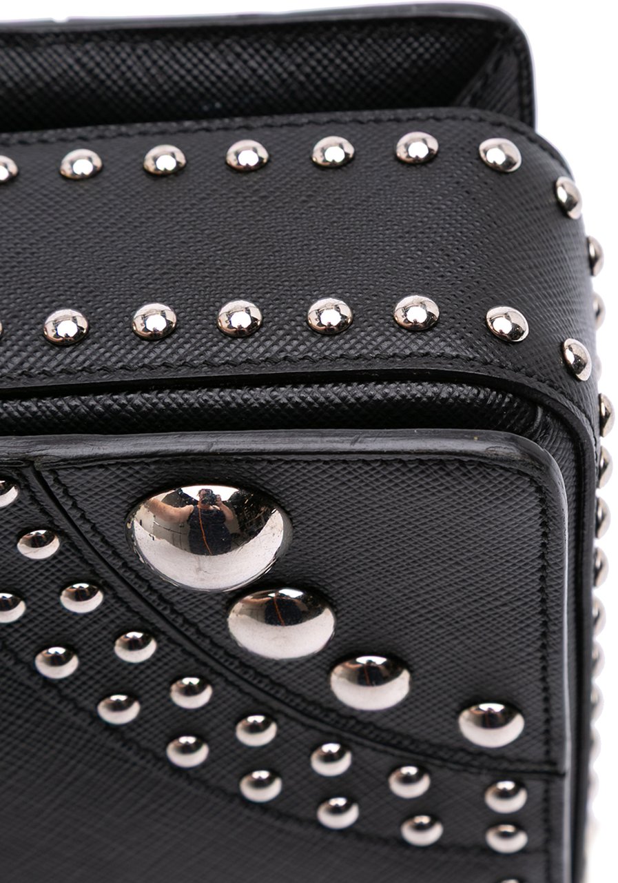 Prada Saffiano Studded Turn Lock Top Handle Bag Zwart