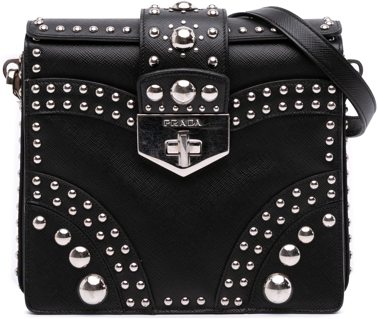 Prada Saffiano Studded Turn Lock Top Handle Bag Zwart