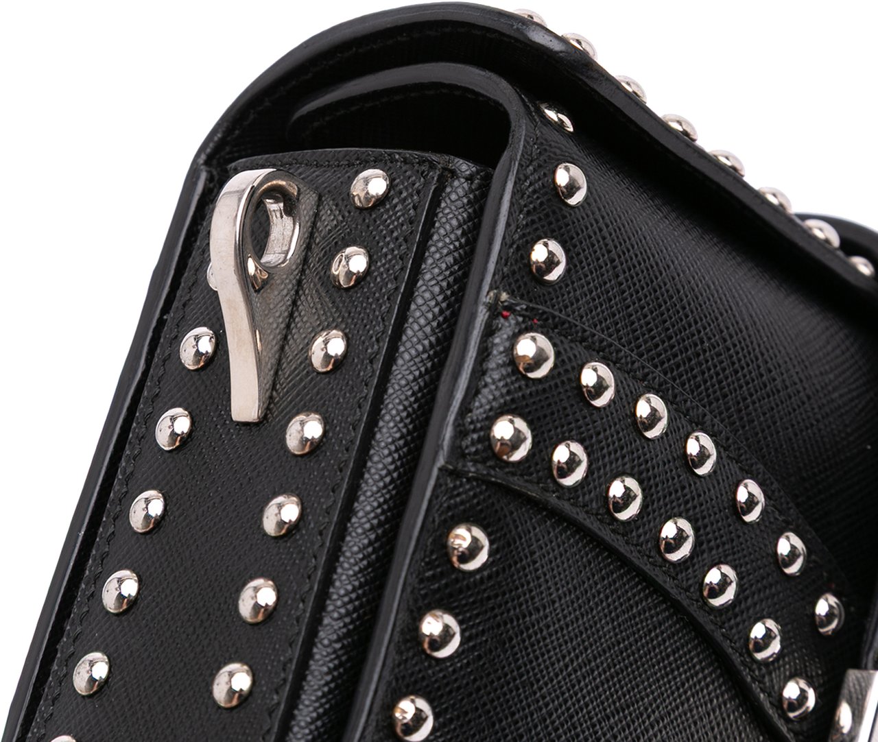 Prada Saffiano Studded Turn Lock Top Handle Bag Zwart