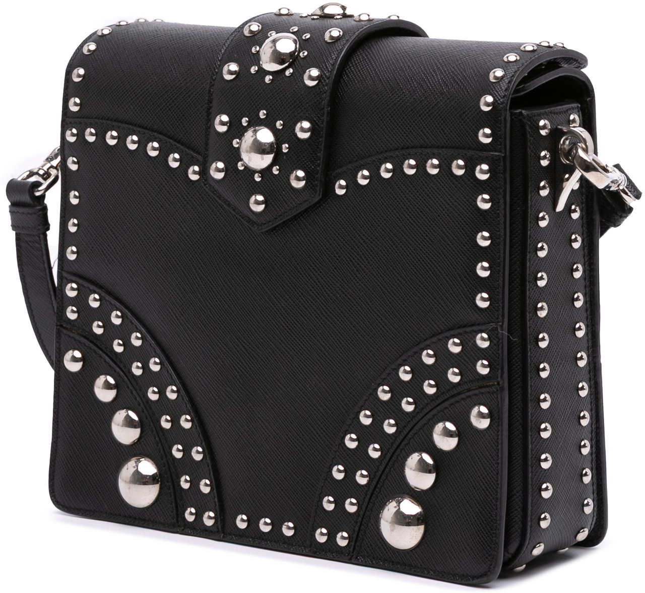 Prada Saffiano Studded Turn Lock Top Handle Bag Zwart