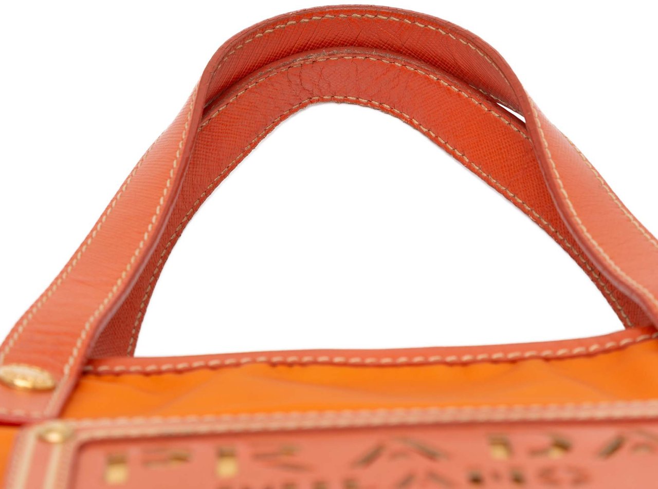 Prada Saffiano Trimmed Tessuto Logo Oro Satchel Oranje