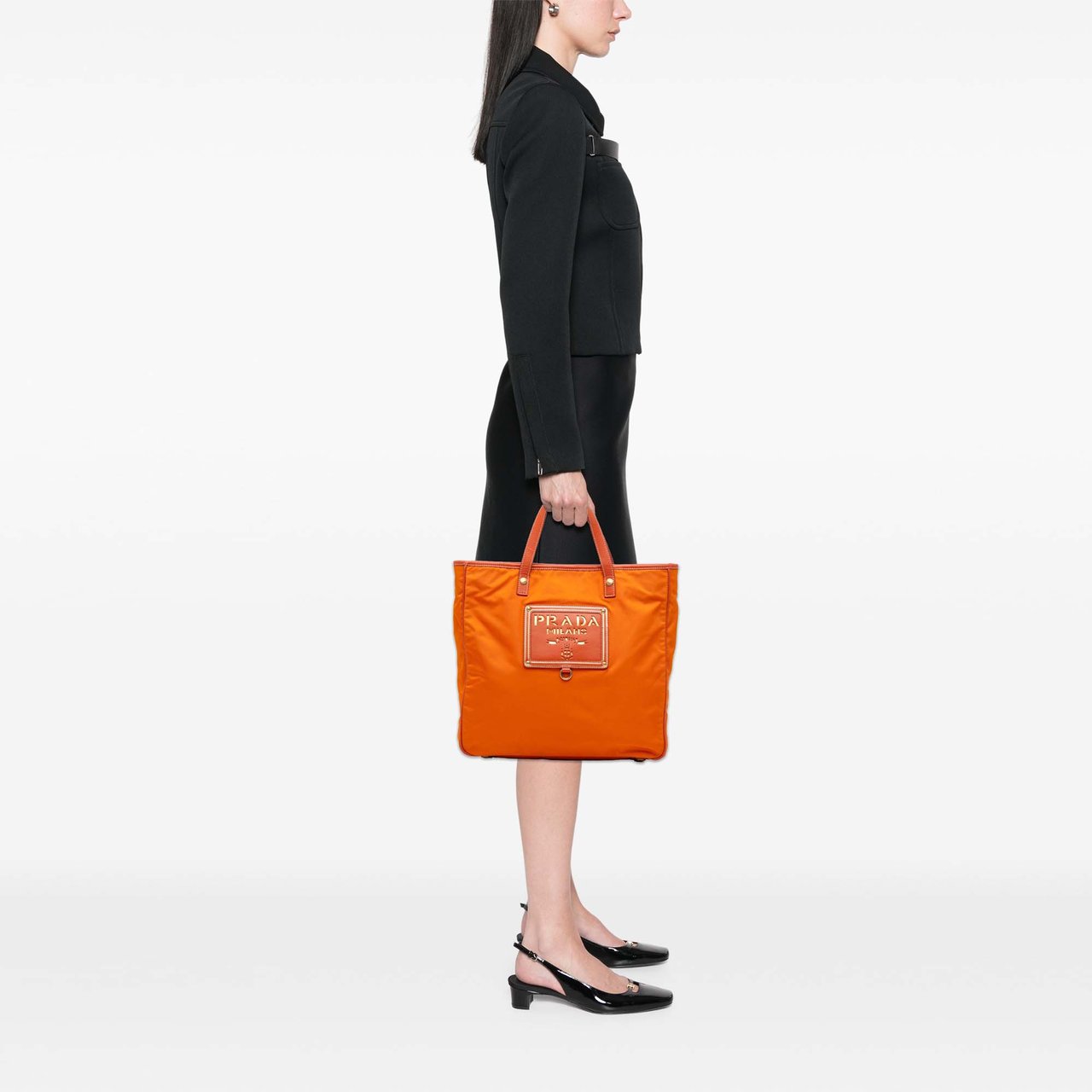 Prada Saffiano Trimmed Tessuto Logo Oro Satchel Oranje